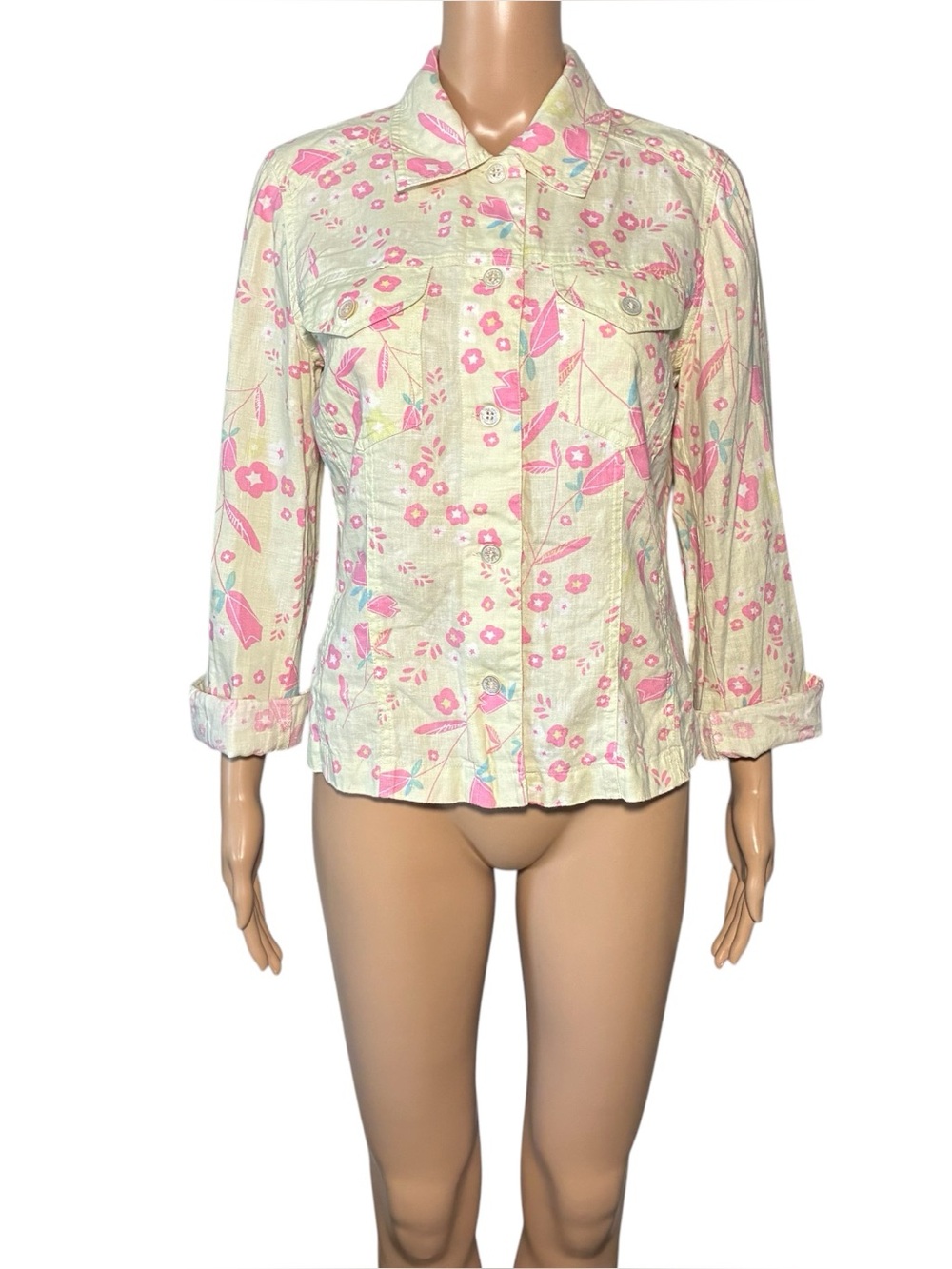 Vintage SO Blue Sigrid Olsen Women's Button Up Jacket S Floral Pockets Linen
